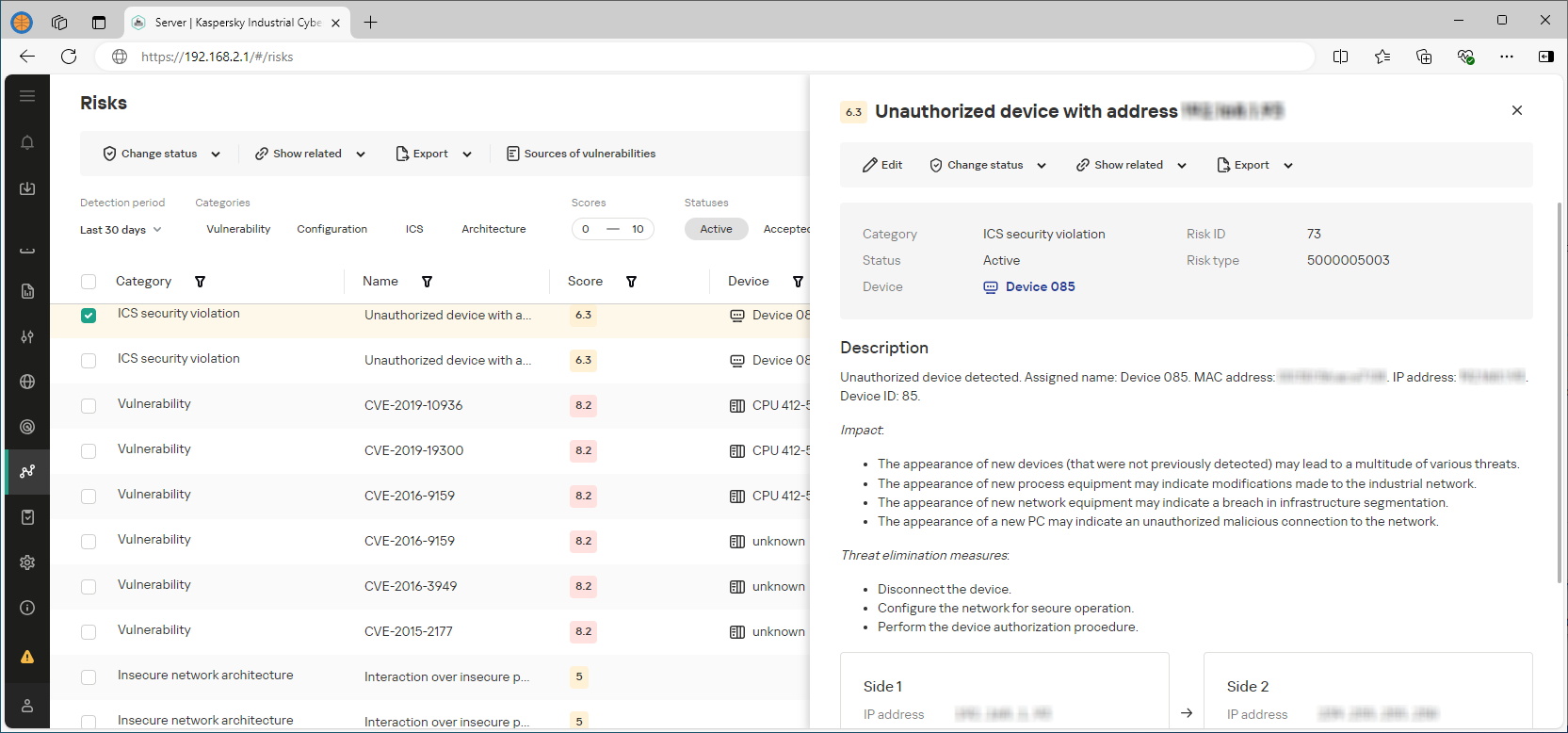 Example of the displayed elements and data in the web interface section.