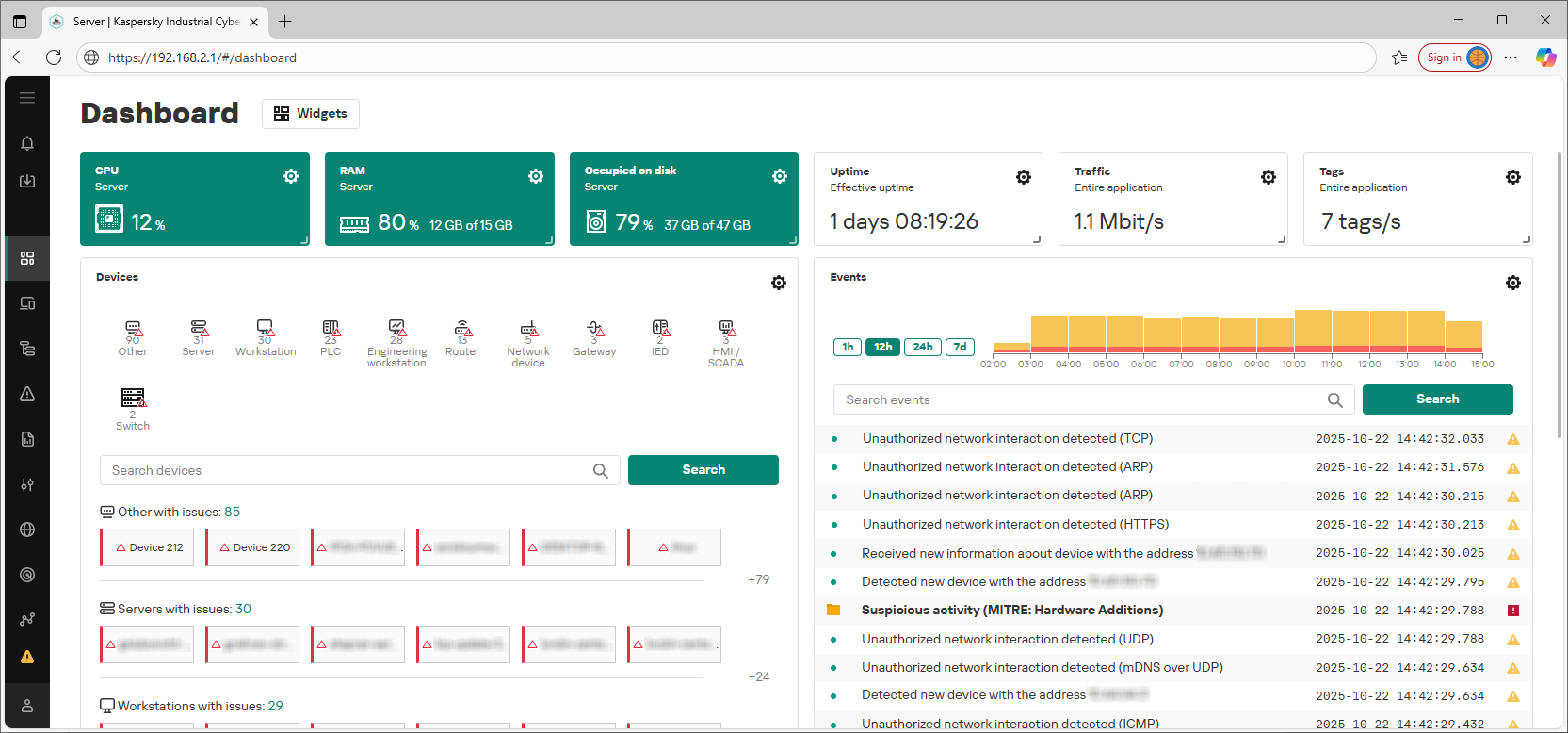Example of the displayed elements and data in the web interface section.