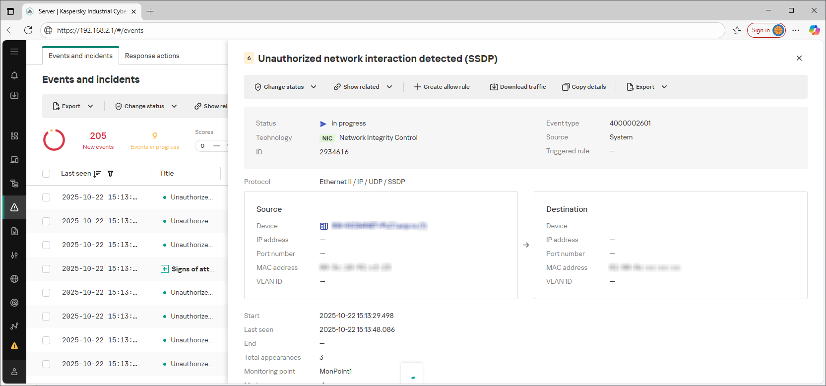 Example of the displayed elements and data in the web interface section.