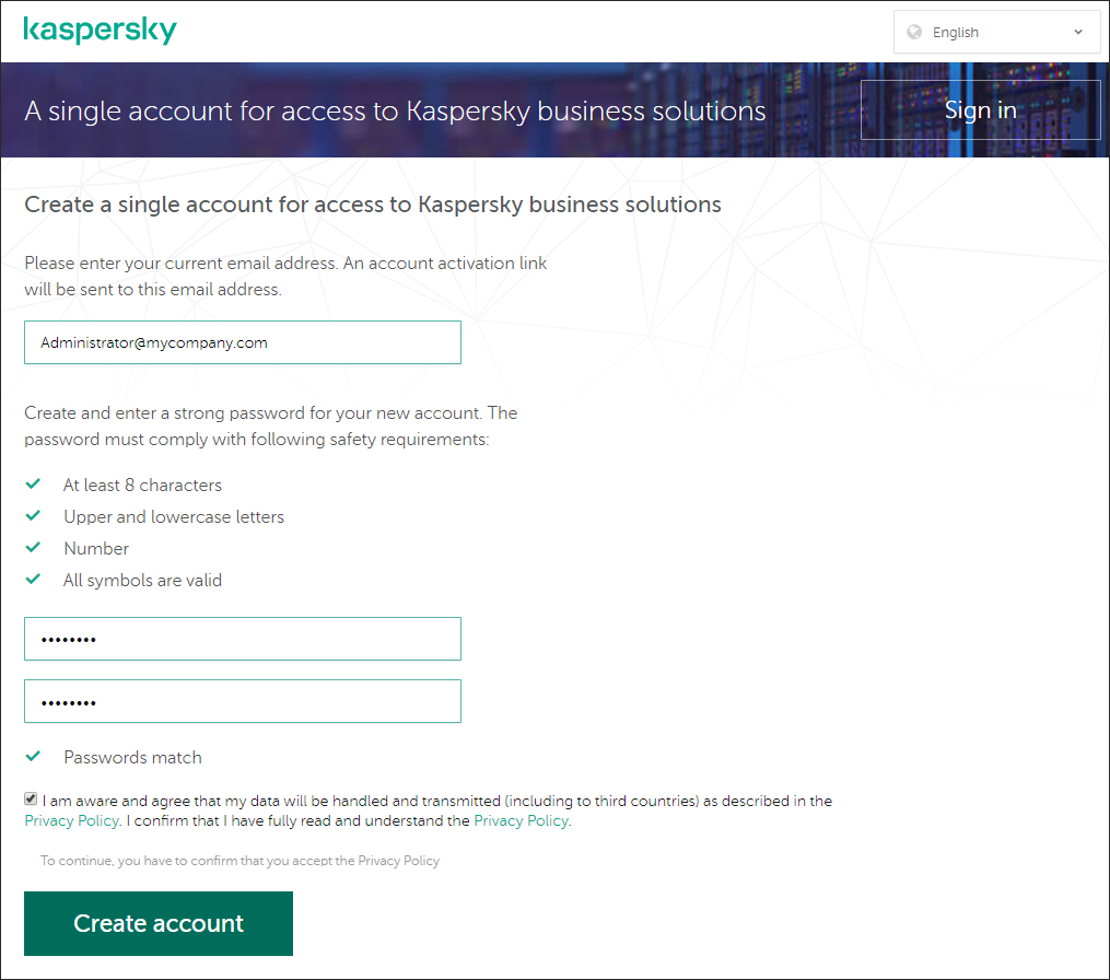 Regístrese para ingresar en la ventana de Kaspersky Business Hub.