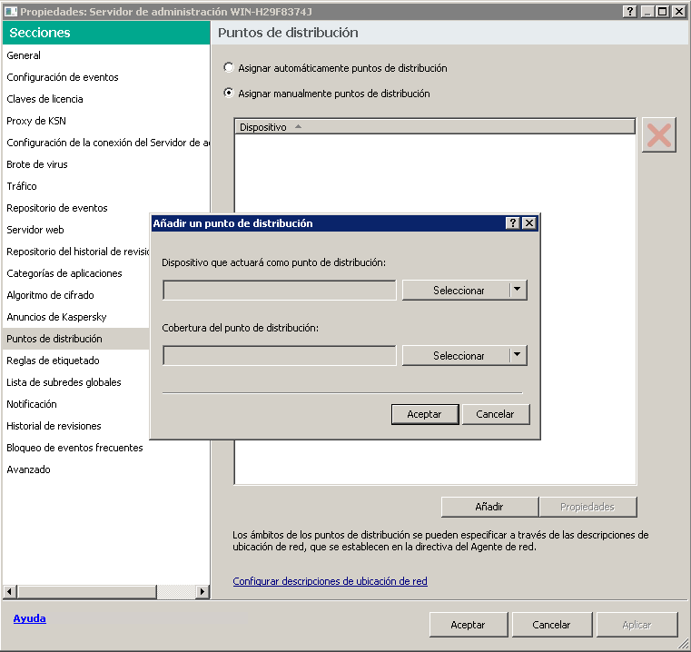 La ventana de propiedades del Servidor de administración con la sección Puntos de distribución seleccionados y la ventana para agregar puntos de distribución.
