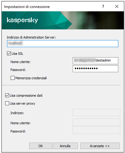 Nella finestra Impostazioni di connessione, i campi Indirizzo di Administration Server, Nome utente e Password sono compilati. Le caselle di controllo Usa SSL e Usa compressione dati sono selezionate.