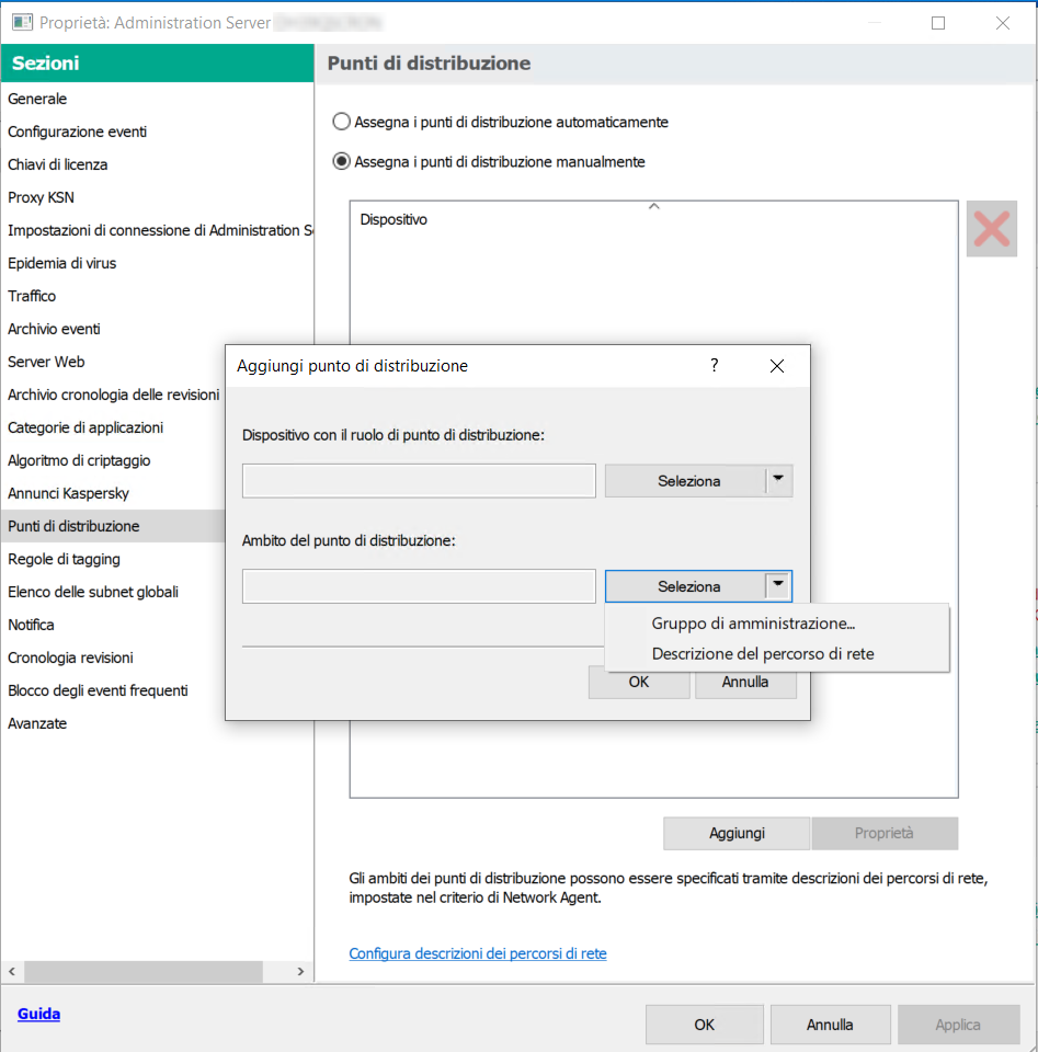 Nella finestra per l'aggiunta dei punti di distribuzione, è possibile selezionare un gruppo di amministrazione o una descrizione del percorso di rete che includa i dispositivi in cui il punto di distribuzione aggiunto distribuirà gli aggiornamenti.