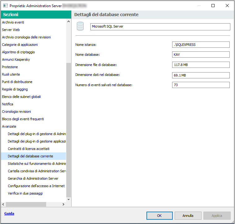 La sezione Dettagli del database corrente contiene le seguenti informazioni: il nome dell'istanza, il nome del database, la dimensione del file del database, la dimensione dei dati nel database e il numero di eventi archiviati nel database.