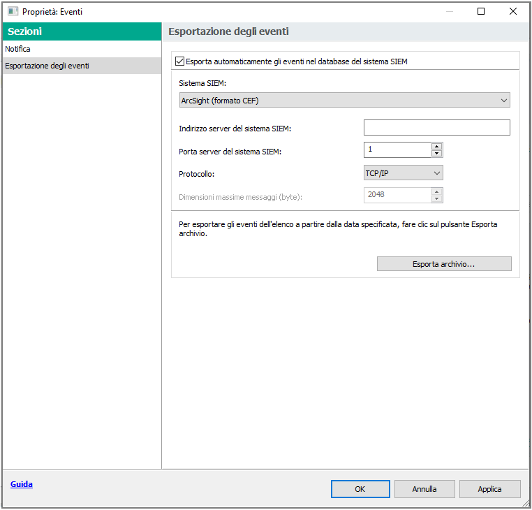 Nella sezione Esportazione degli eventi, la casella di controllo Esporta automaticamente gli eventi nel database del sistema SIEM è selezionata, la proprietà del sistema SIEM è impostata su ArcSight (formato CEF), l'indirizzo e la porta del server del sistema SIEM sono specificati, la proprietà Protocollo è impostata su TCP/IP.