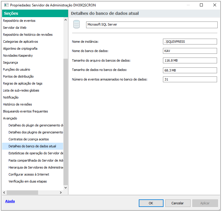 A seção detalhes do banco de dados atual contém as seguintes informações: o nome da instância, o nome do banco de dados, o tamanho do arquivo do banco de dados, o tamanho dos dados no banco de dados e o número de eventos armazenados no banco de dados.