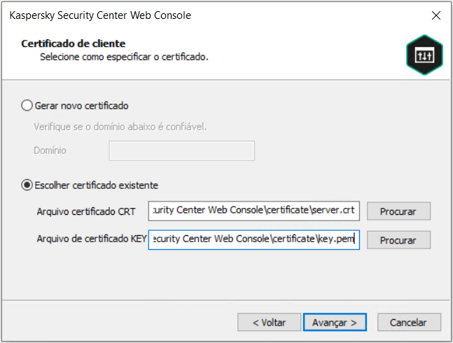 Na página certificado do cliente, a opção Escolher certificado existente é selecionada, e os caminhos para o arquivo de certificado CRT e o arquivo de certificado KEY são especificados.