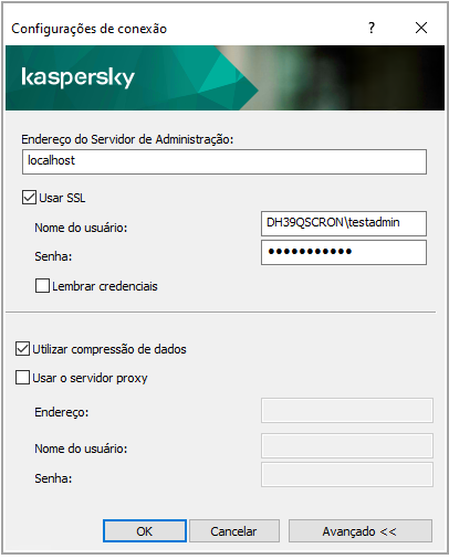 Na janela Configurações de conexão, os campos Endereço do Servidor de Administração, Nome de usuário e Senha são preenchidos. As caixas de seleção Usar SSL e Usar compactação de dados estão marcadas.