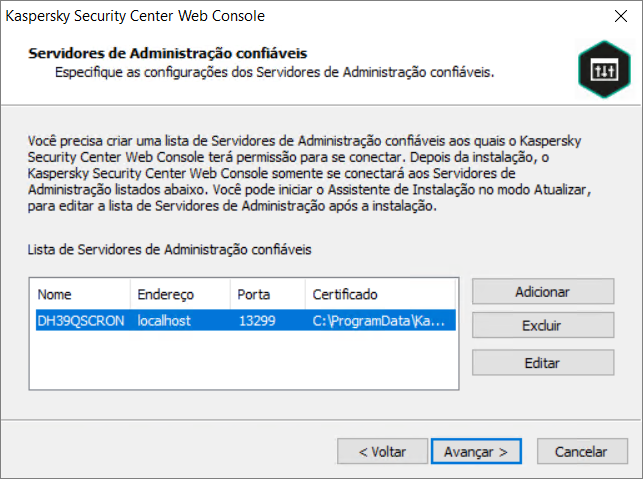 Instalador do Web Console: Servidores de Administração