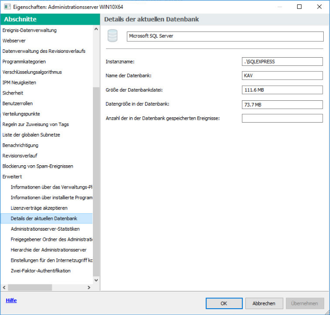 Der Abschnitt "Details" der aktuellen Datenbank enthält die folgenden Informationen: den Instanznamen, den Datenbanknamen, die Größe der Datenbankdatei, die Größe der Daten in der Datenbank und die Anzahl der in der Datenbank gespeicherten Ereignisse.