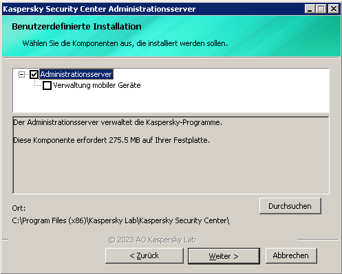 Im Fenster für die benutzerdefinierte Installation wird die Komponente des Administrationsservers zur Installation ausgewählt und das Installationsverzeichnis angegeben.