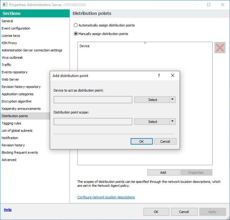 The Administration Server properties window with the selected Distribution points section and the window for adding distribution points.