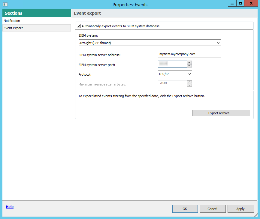 In the Event export section, the Automatically export events to SIEM system database check box is selected,the SIEM system property is set to ArcSight (CEF format),SIEM system server address and port are specified,the Protocol property is set to TCP/IP.