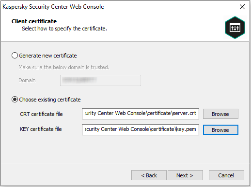 On the Client certificate page, the Choose existing certificate option is selected, and the paths to the CRT certificate file and the KEY certificate file are specified.