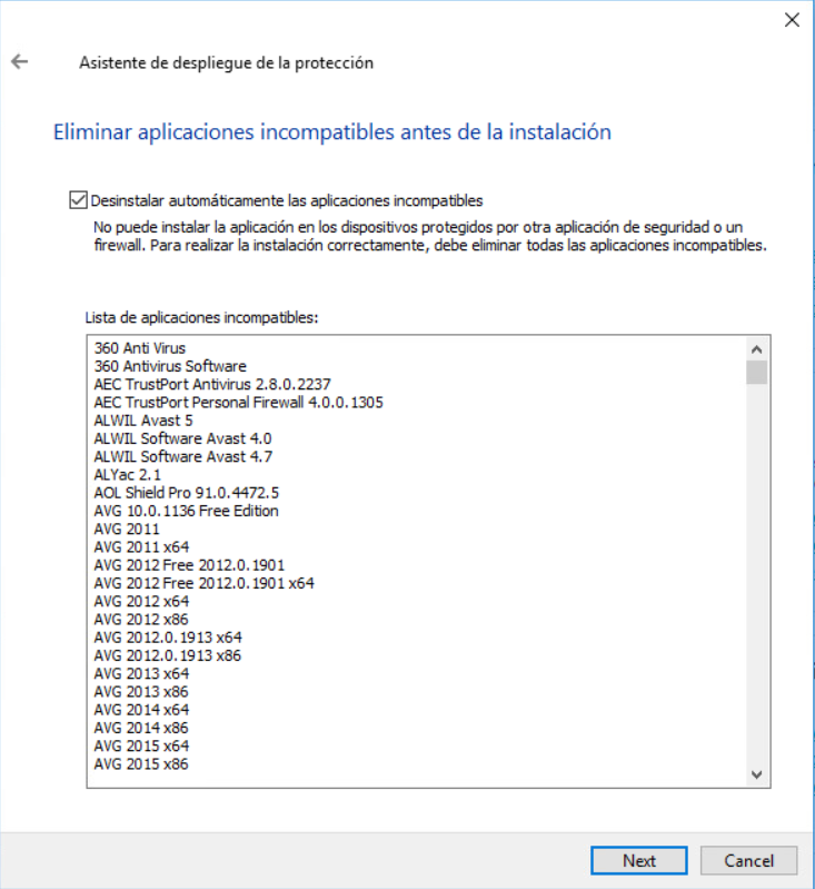 Software incompatible con la instalación de la aplicación de Kaspersky.