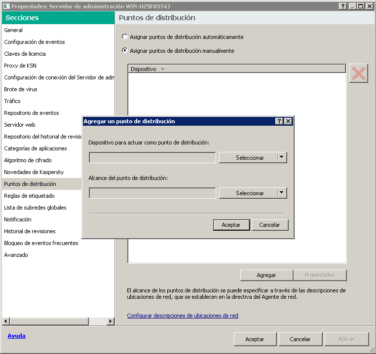 Se muestran la ventana de propiedades del Servidor de administración con la sección "Puntos de distribución" seleccionada y la ventana para agregar puntos de distribución abierta.