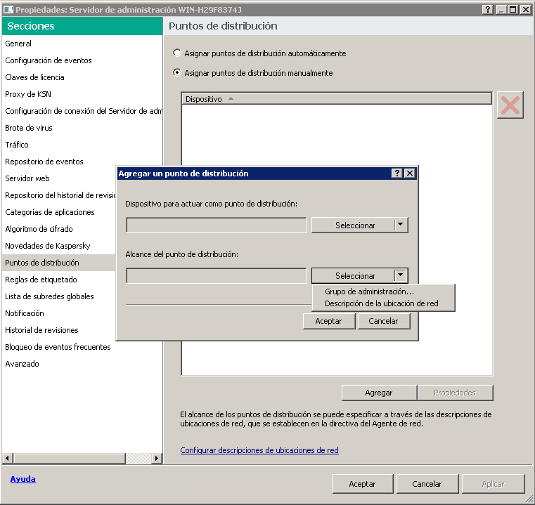 En la ventana para agregar puntos de distribución, puede seleccionar un grupo de administración o una descripción de ubicación de red que incluya dispositivos a los que el punto de distribución agregado distribuirá actualizaciones.