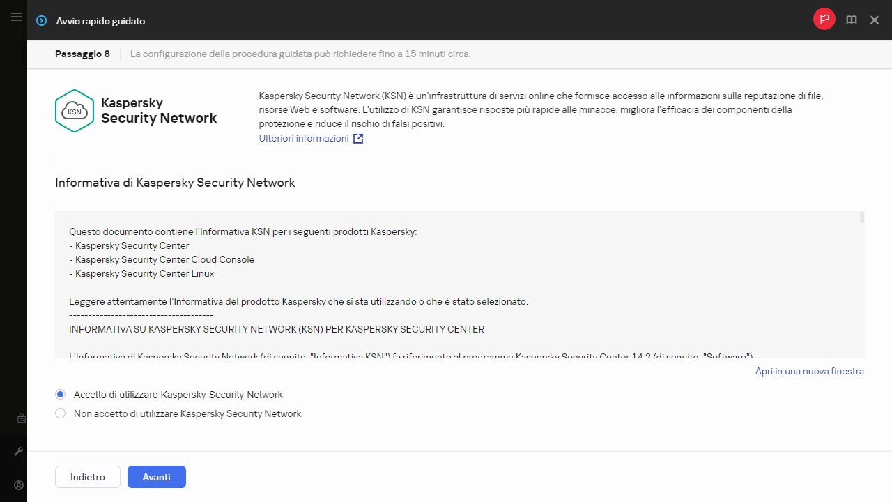 Il passaggio Kaspersky Security Network dell'avvio rapido guidato.