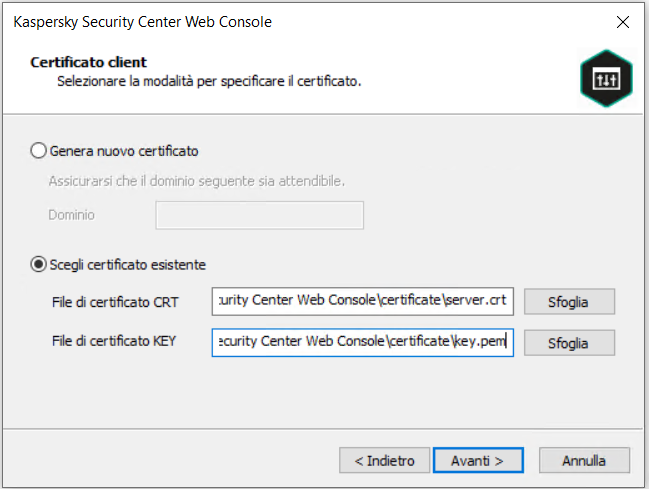 Nella pagina Certificato client, è selezionata l'opzione Scegli il certificato esistente e sono specificati i percorsi del file del certificato CRT e del file del certificato KEY.