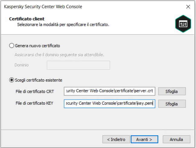 Se si seleziona Scegli certificato esistente, vengono specificati i percorsi per il certificato CRT e i file del certificato KEY.