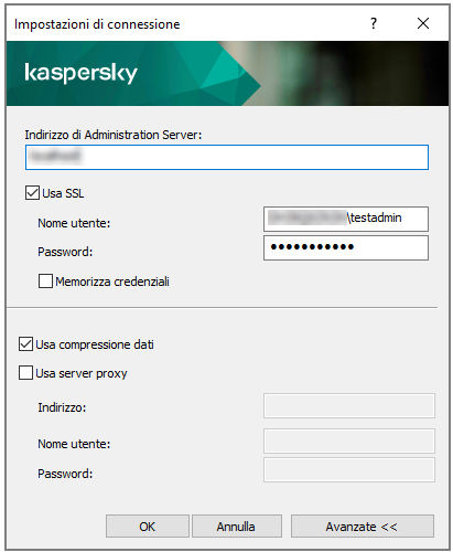 Le impostazioni di connessione sono l'indirizzo, il nome utente e la password del Server. Le opzioni Usa SSL e Usa compressione dati sono selezionate.