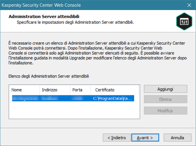 Pagina degli Administration Server arrugginita.