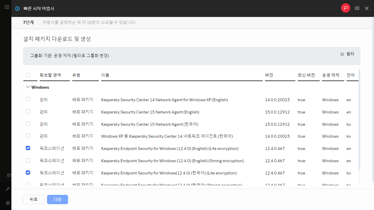 빠른 시작 마법사의 설치 패키지 생성 단계입니다.