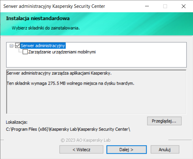 W oknie Instalacja niestandardowa wybierany jest komponent Serwer administracyjny do instalacji oraz określany jest folder instalacyjny.