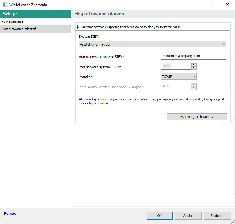 W sekcji Eksport zdarzeń zaznaczone jest pole Automatycznie eksportuj zdarzenia do bazy danych systemu SIEM, właściwość systemu SIEM jest ustawiona na ArcSight (format CEF), określony jest adres i port serwera systemu SIEM, właściwość Protokół jest ustawiona na TCP/IP.