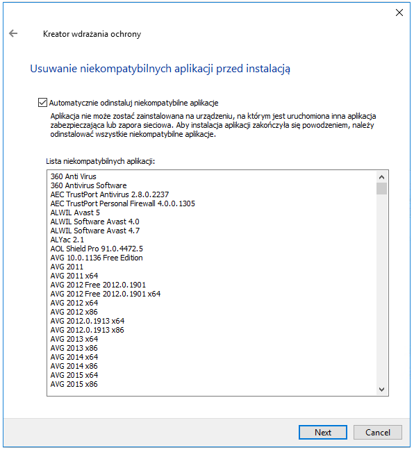 Oprogramowanie niezgodne z instalowaną aplikacją Kaspersky.