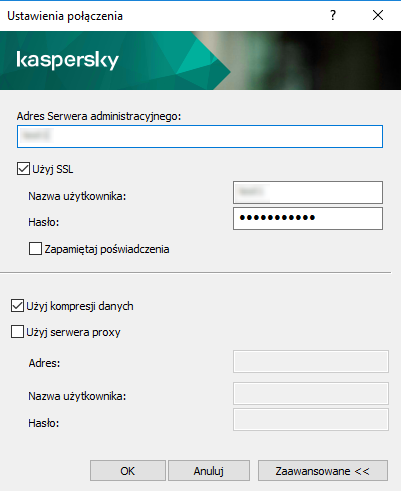 W oknie Ustawienia połączenia pola Adres Serwera administracyjnego, Nazwa użytkownika i Hasło są wypełnione. Pola wyboru Użyj protokołu SSL i Użyj kompresji danych są zaznaczone.