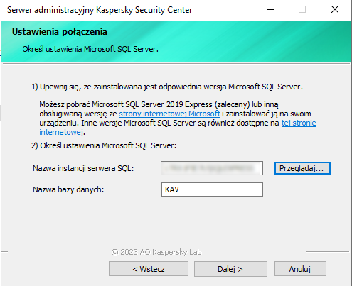 W oknie Ustawienia połączenia określane są ustawienia Microsoft SQL Server. Nazwa instancji SQL Server i pola Nazwa bazy danych są wypełnione.