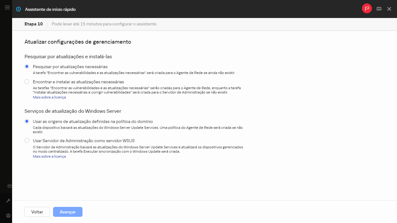 A etapa Gerenciamento de atualizações do Assistente de início rápido.