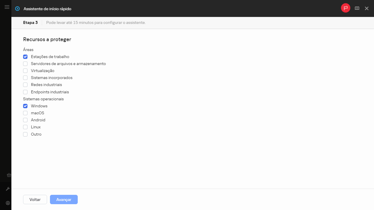 A etapa Ativos a proteger do Assistente de início rápido.