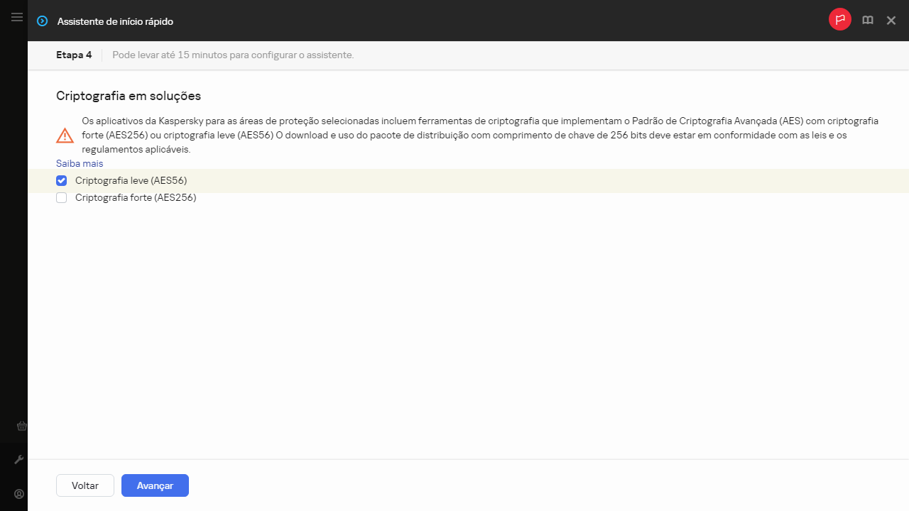 A etapa Criptografia em soluções do Assistente de início rápido.