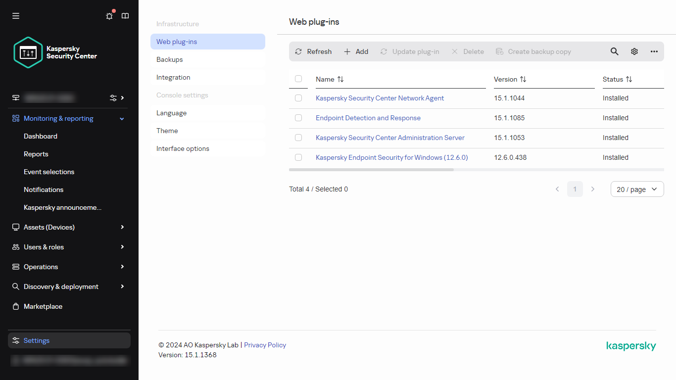A lista de plug-ins da web no menu principal.