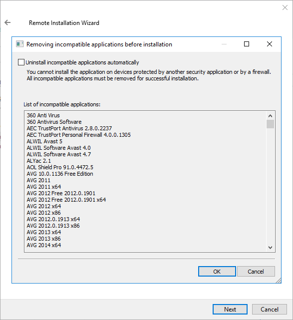 Software incompatível com a instalação do aplicativo da Kaspersky.