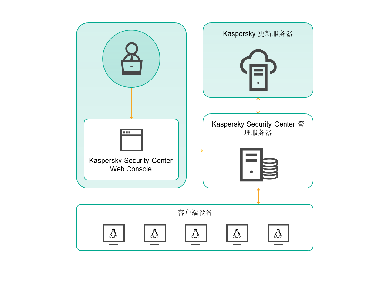 管理员可以使用 KSC Web Console 管理管理服务器。管理服务器从卡巴斯基更新服务器接收更新，与 KSN 服务器交换信息，并将更新分发到基于 Linux 的客户端设备。