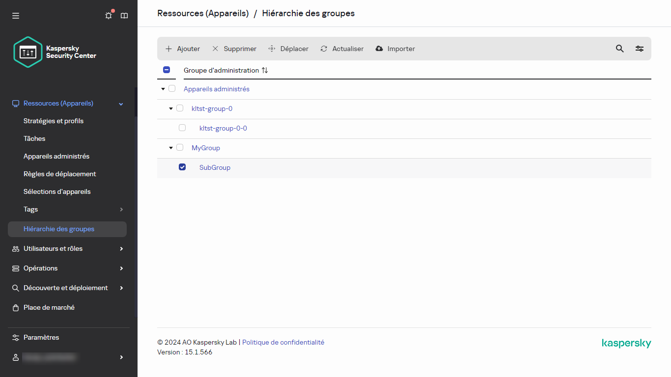 Hiérarchie des groupes avec Sous-groupe sélectionné.