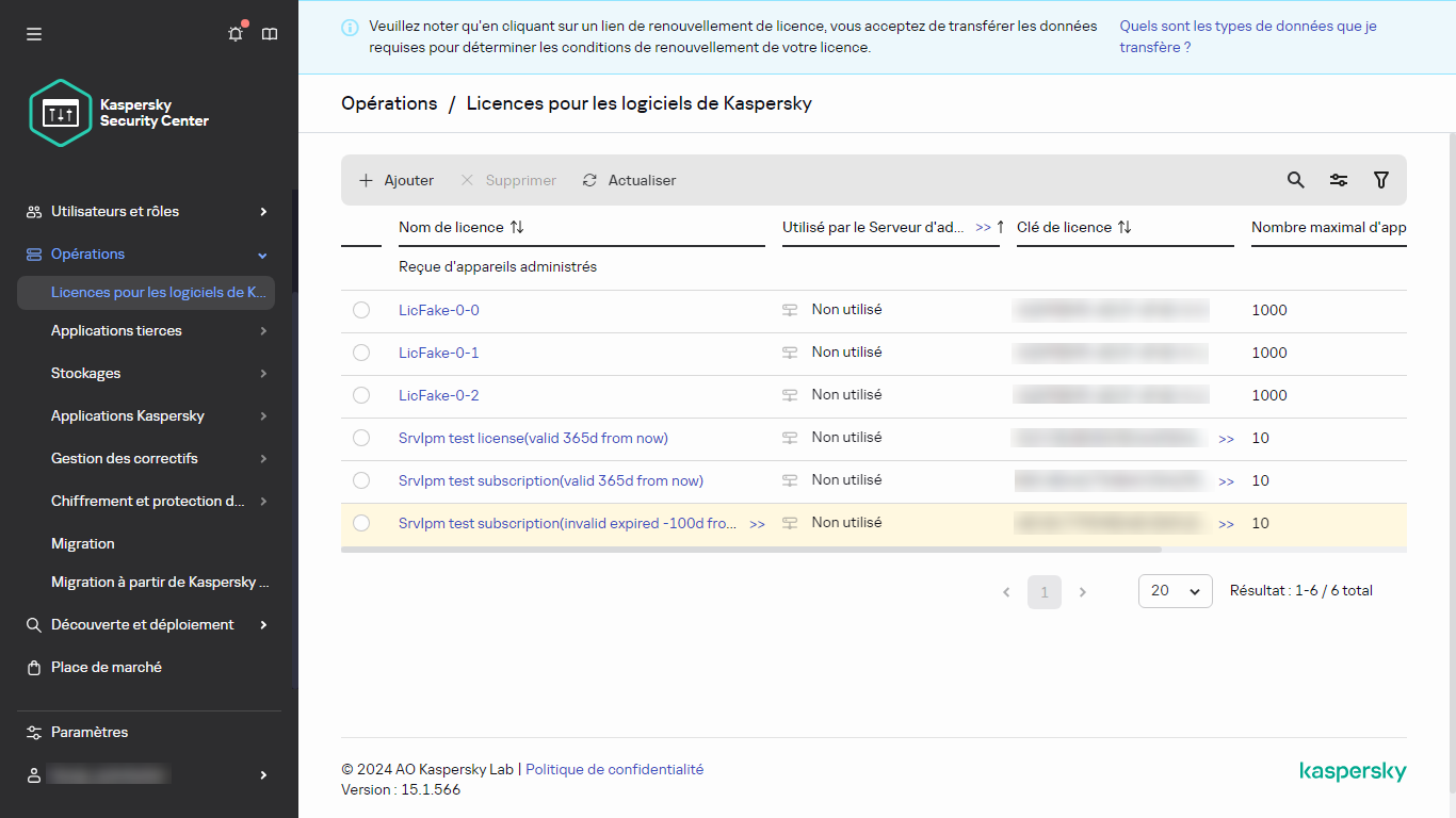 Liste des licences de Kaspersky.