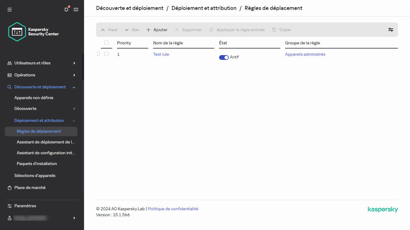 La section des règles de déplacement de Kaspersky Security Center.