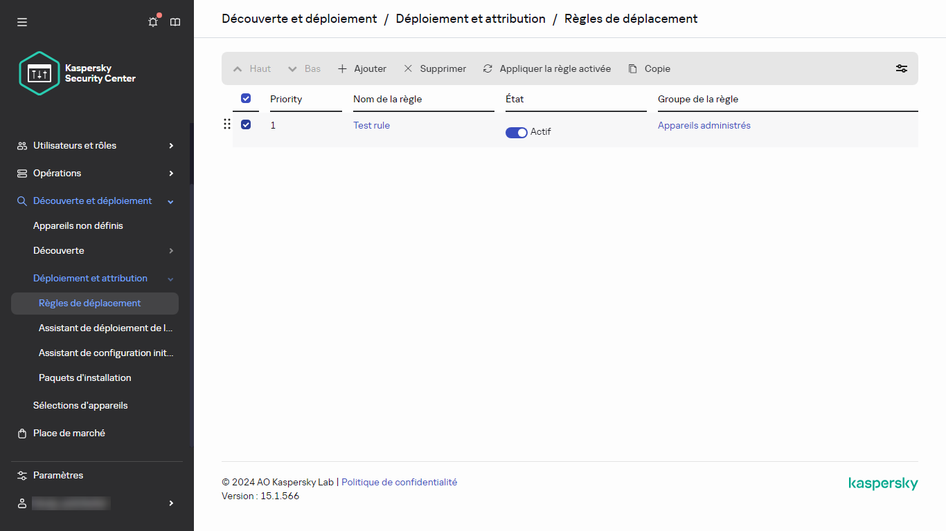 La ligne sélectionnée dans la section Règles de déplacement.