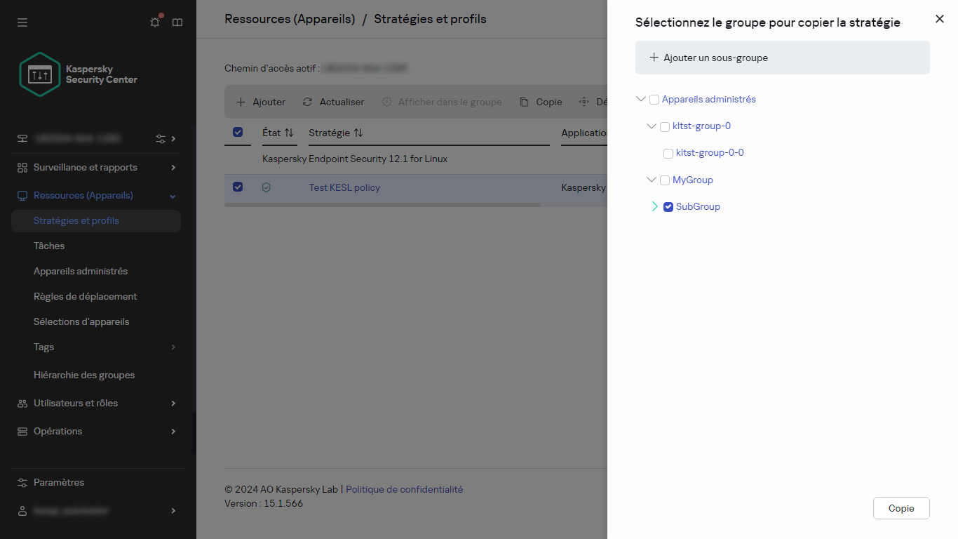 Sélectionnez le groupe pour copier le panneau de la stratégie.