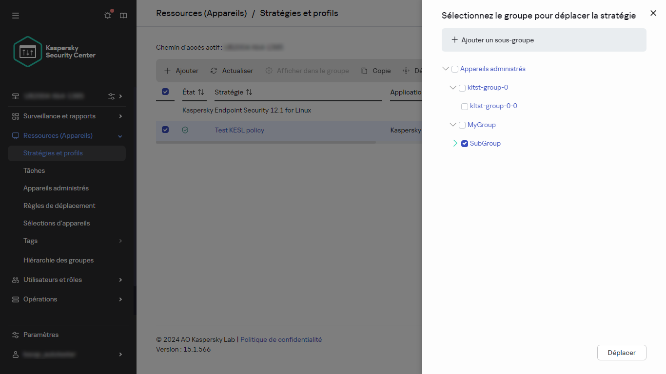 Sélectionnez le groupe pour déplacer la boîte de dialogue de la stratégie.
