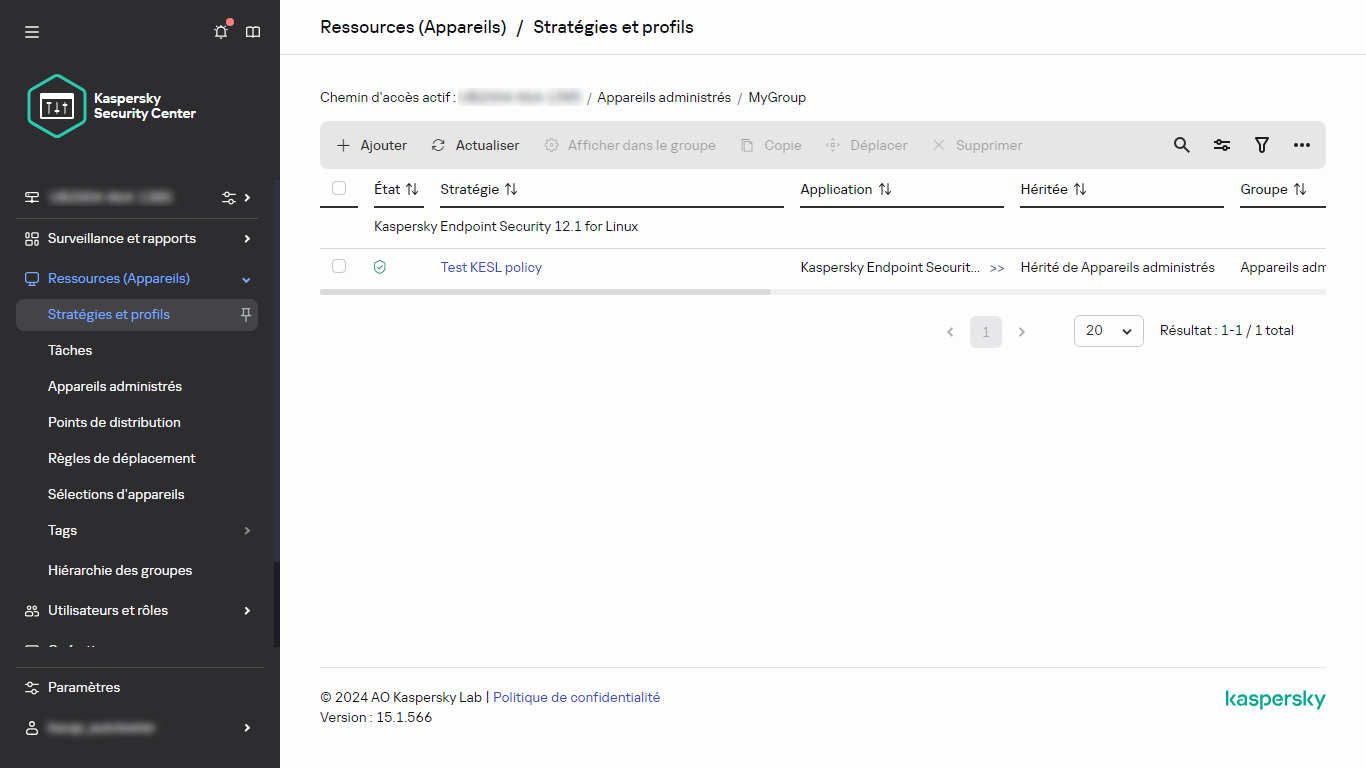 Nœud Stratégie dans Stratégies et profils.