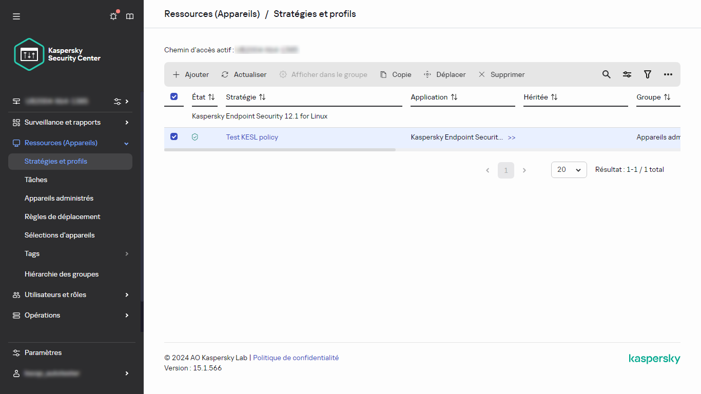 Fenêtre Stratégies et profils contenant la stratégie sélectionnée.