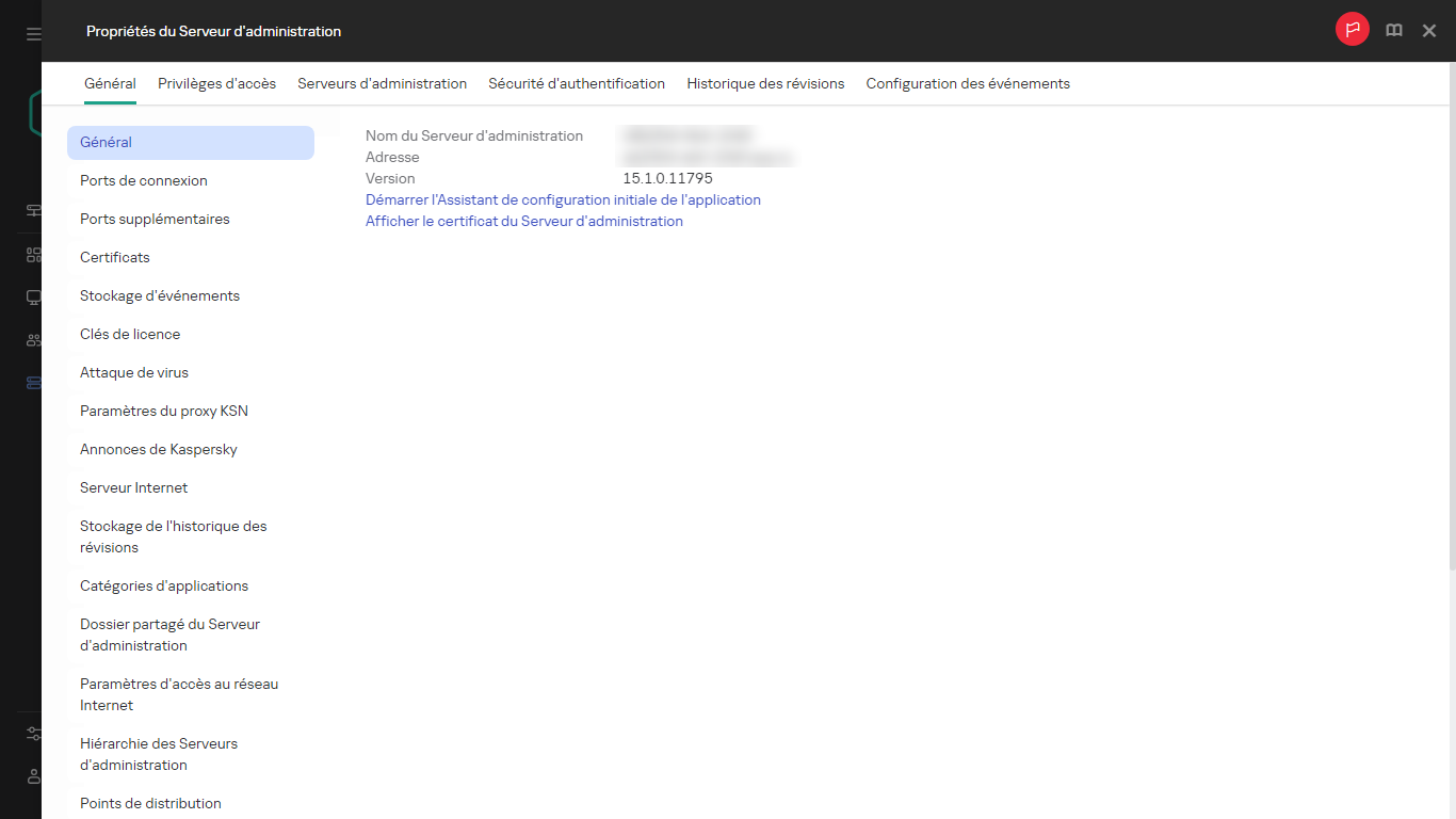 Une capture d'écran de la fenêtre du Serveur d'administration qui affiche un lien pour lancer l'Assistant de configuration initiale de l'application.