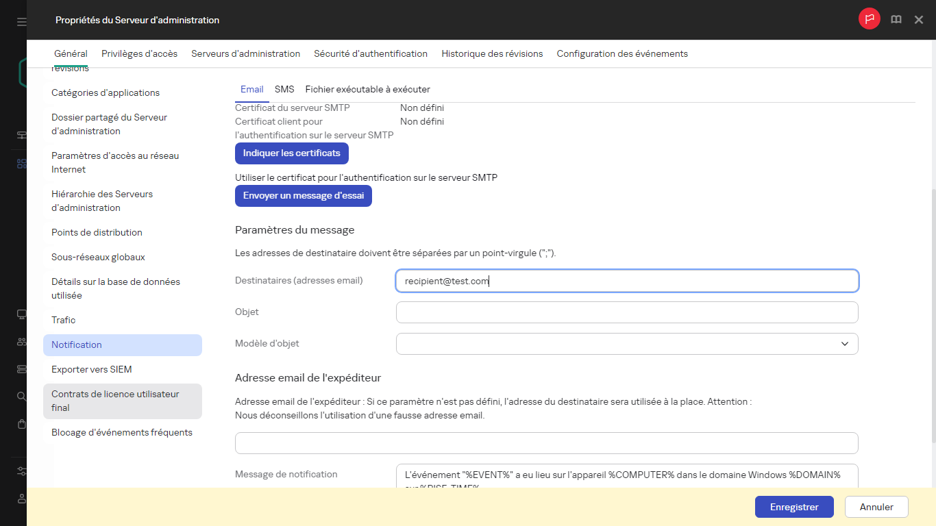 Notification dans l'onglet Général des propriétés du Serveur d'administration.