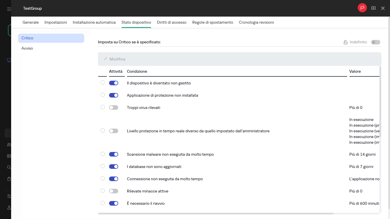 Impostazione dello stato Critico nel gruppo Stato del dispositivo.