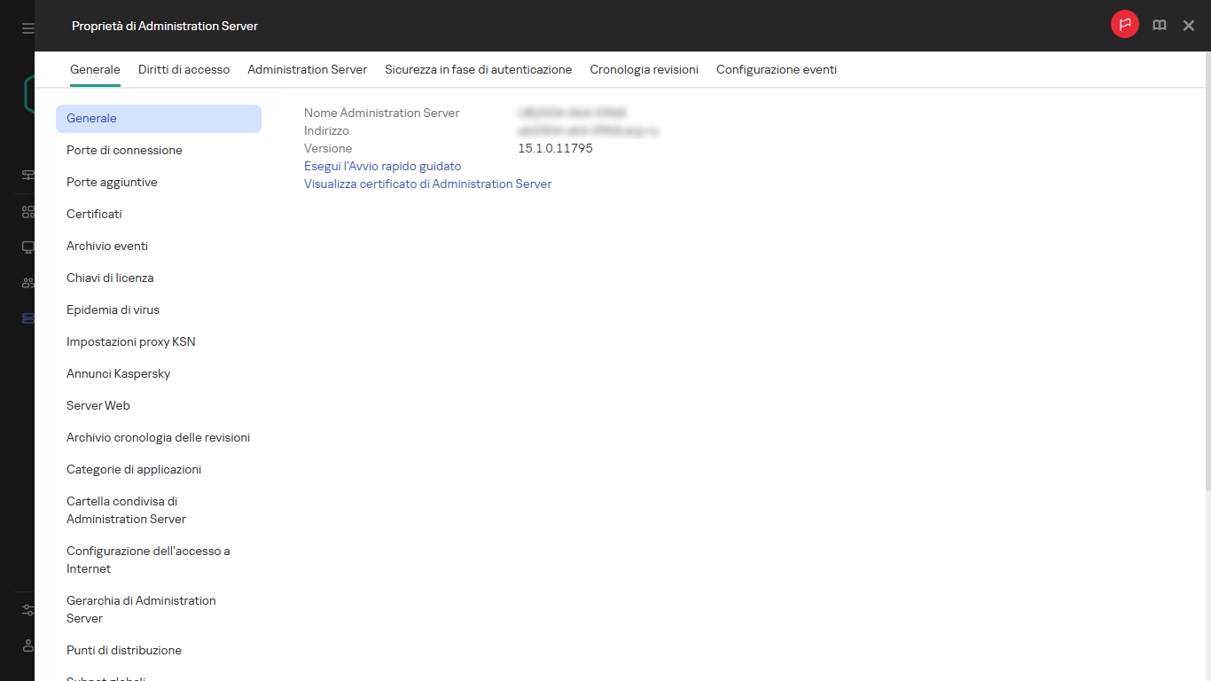 Screenshot della finestra di Administration Server che mostra un collegamento per l'avvio dell'avvio rapido guidato.